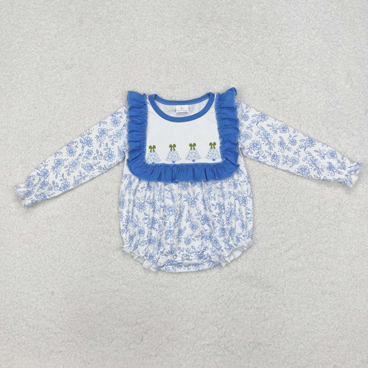 Baby Girl Long Sleeves Blue Flowers Christmas Trees Bubble Romper