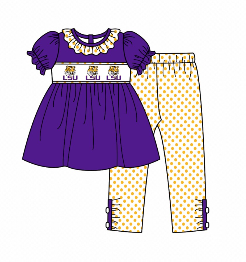 Baby Girl Purple Short Sleeves Tiger Team Tunic Dots Pants Clothes Set Moq 5