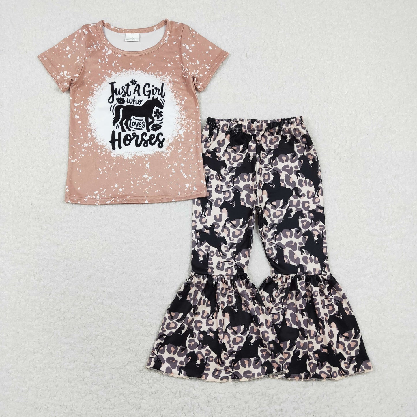GSPO1277 Western Baby Girl Short Sleeves Horses Shirt Leopard Bell Pants Set