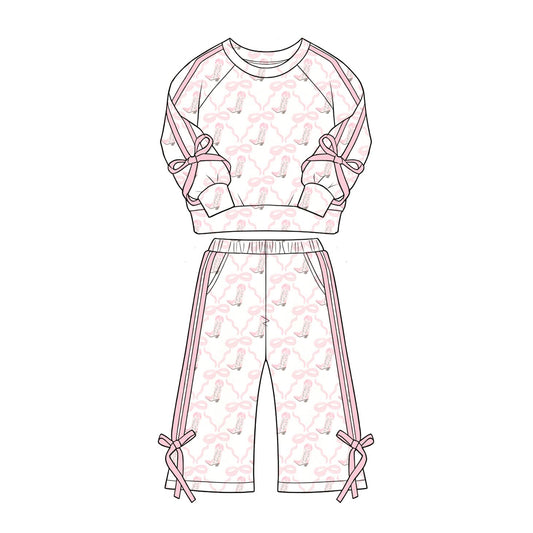 ( Moq 5 ) Preorder Baby Girls Kids Long Sleeves Boots Bows Pullover Pockets Pants Pink Set Clothes