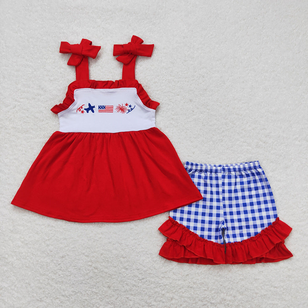 Baby Boy Girl July 4th Embroidery Flag Sibling Romper Dress Set