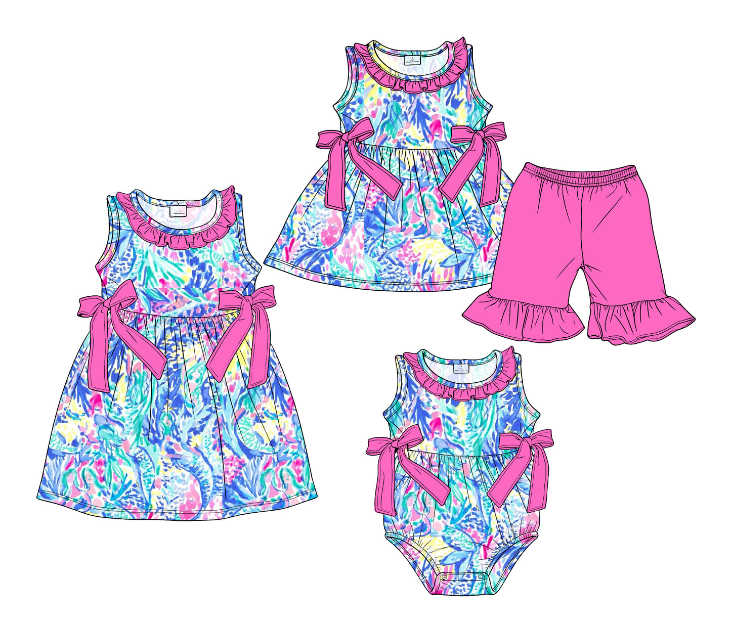 ( Moq 5 Each Style ) Sibling Baby Girls Kids Fish Bows Romper Dress Set Summer Clothes