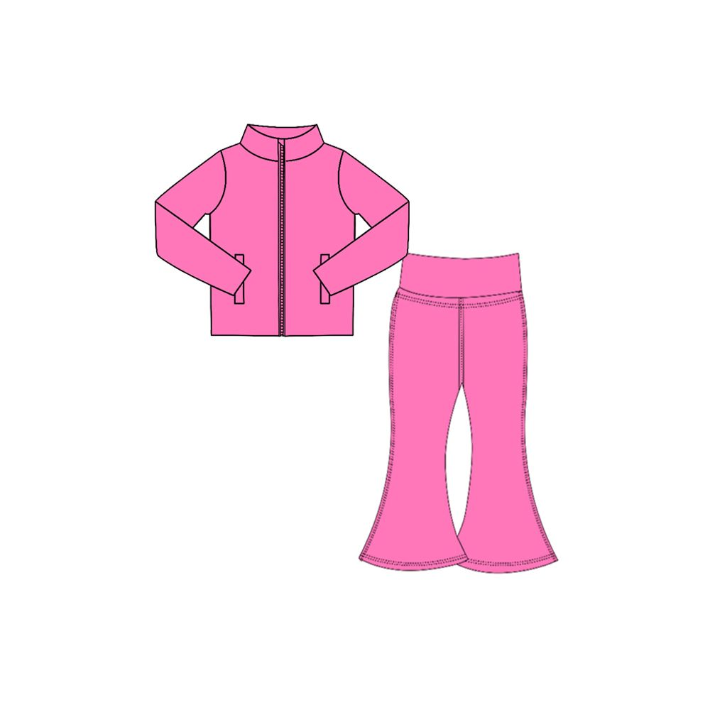 ( Moq 5 ) Preorder Baby Girls Kids Pockets Zipper Pink Cardigan Tops Pants Set Yoga Active Clothes