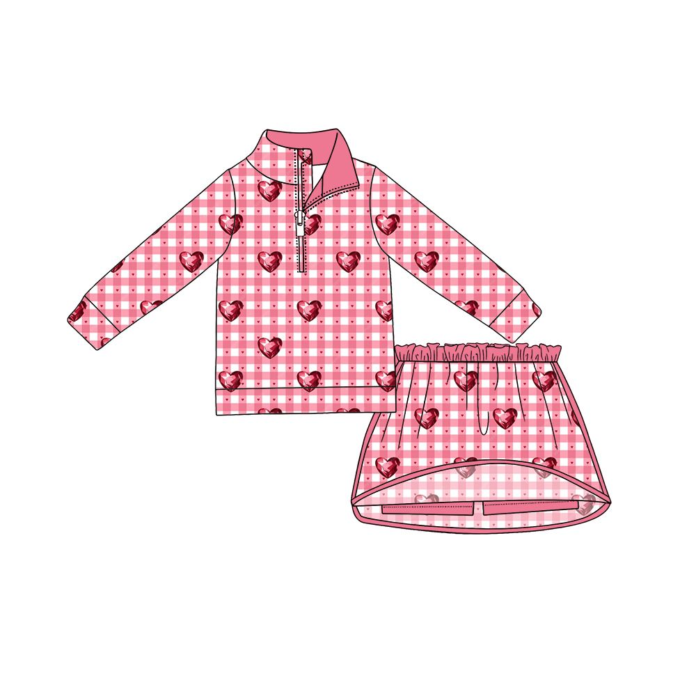 ( Moq 5 ) Preorder Baby Girls Kids Long Sleeves Hearts Plaid Bows Shirt Skirt Shorts Valentine Set Clothes