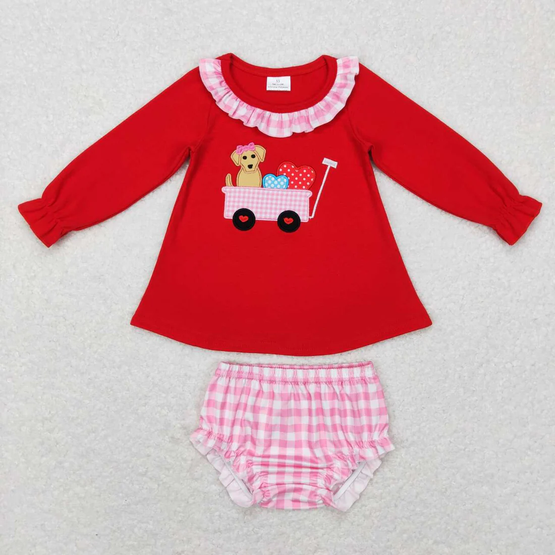 Baby Boy Girl Long Sleeves Valentines Embroidery Dogs Hearts Checked Sibling Pajamas Clothes Set