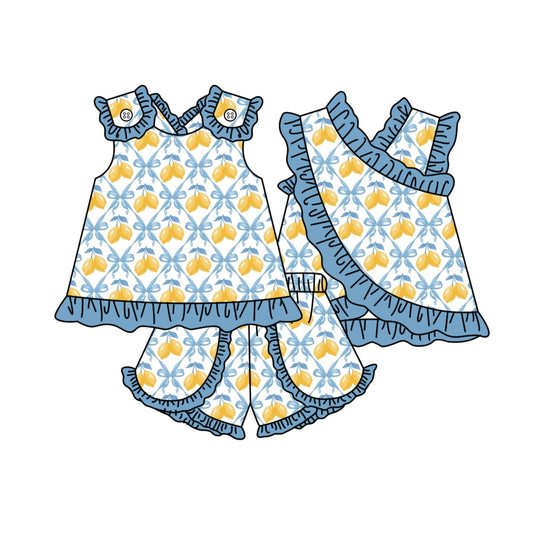 ( Moq 5 ) Preorder Baby Girl Kids Lemons Blue Bows Tops Shorts Set Summer Clothes