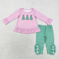 Baby Girl Christmas Trees Pink Tops Green Plaid Pants Set