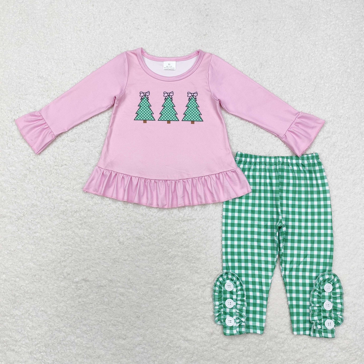 Baby Girl Christmas Trees Pink Tops Green Plaid Pants Set