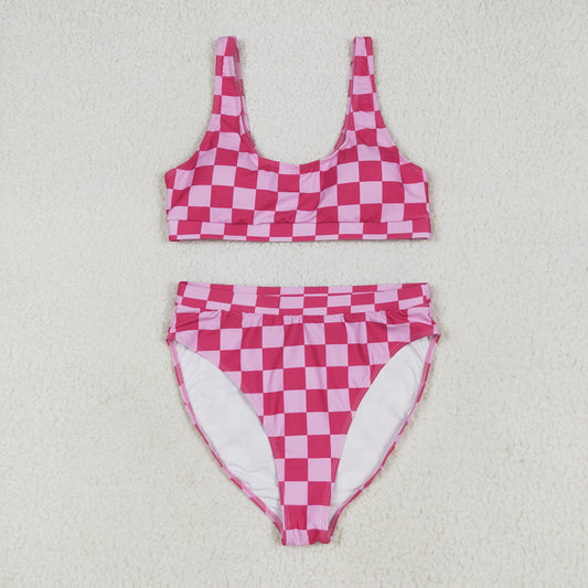 Adult Women Sleeveless Pink Plaid Tops Shorts Swimsuit Set RTS
