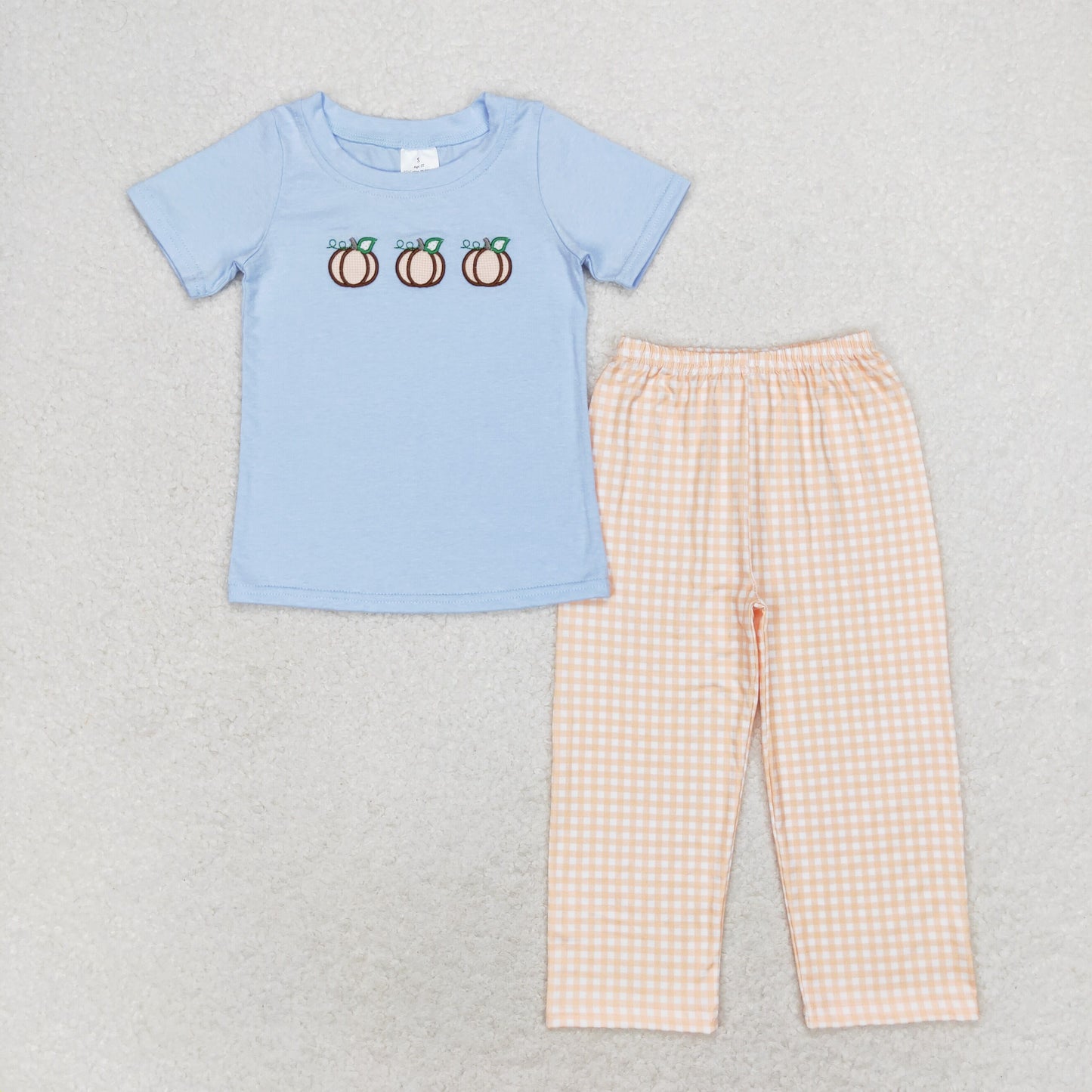 Baby Boy Short Sleeves Embroidery Pumpkin Blue Shirt Plaid Pants Set