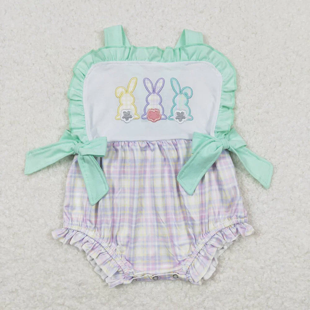Baby Girl Embroidery Easter Rabbits Sibling Romper Clothes Outfit