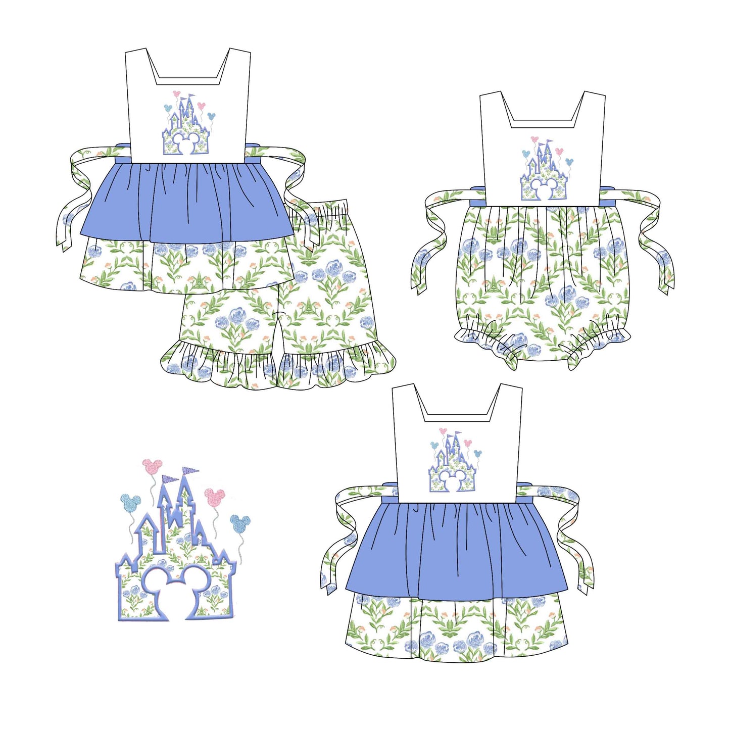 Baby Girl Floral Castle Hearts Blue Sibling Romper Dress Set ( Moq 5 Each Style ) 1.21