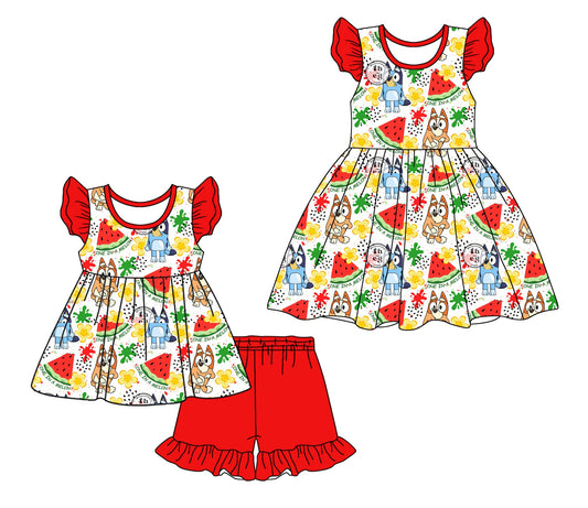 Baby Girl Cartoon Dogs Watermelon Flower Sibling Dress Set ( Moq 5 Each Style ) 3.15