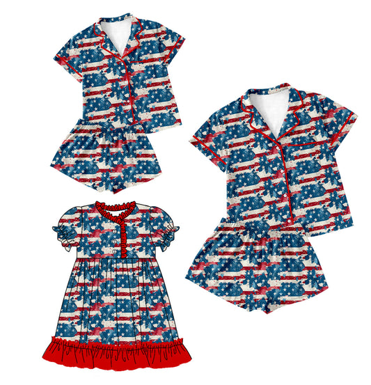 Baby Girl Adult Women July 4th Bows Stars Sibling Pajamas Dress Set ( Moq 5 Each Style ) 1.11