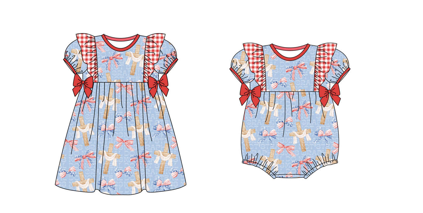 Baby Girl Short Sleeves July 4th Bows Sibling Romper Clothes Set ( Moq 5 Each Design )11.23