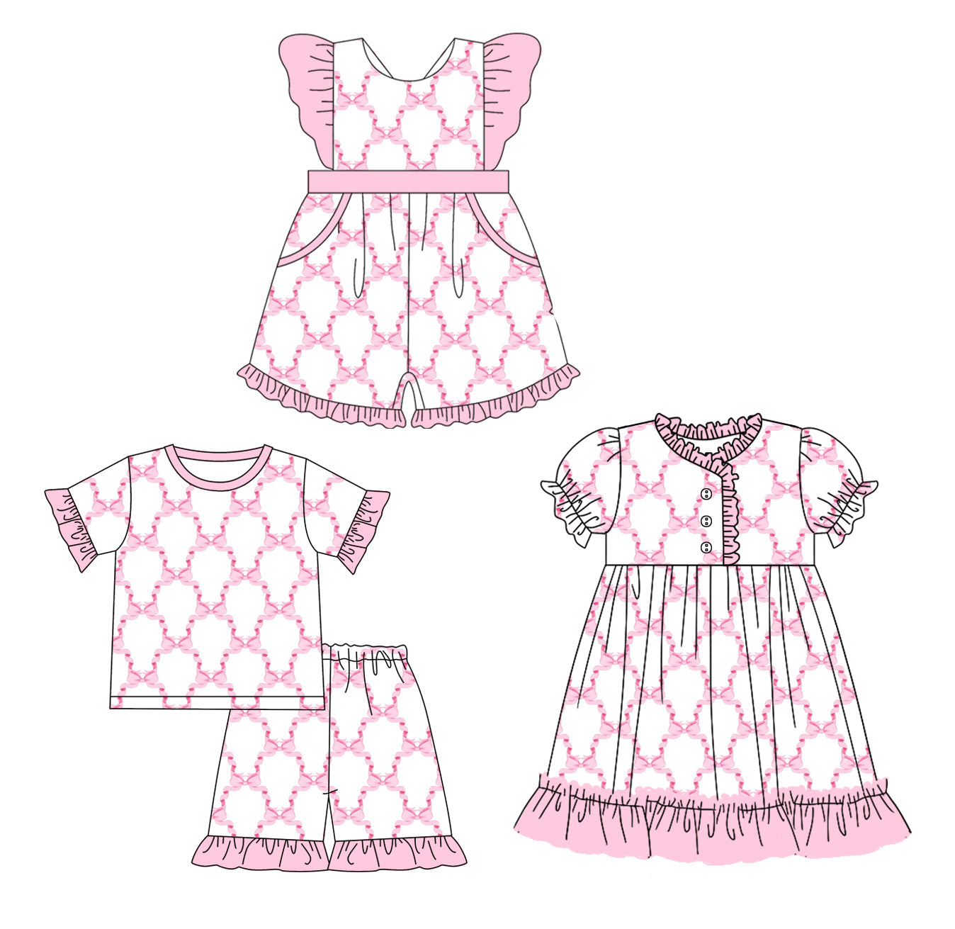 Baby Girl Short Sleeves Pink Bows Sibling Jumpsuit Dress Set ( Moq 5 Each Design ) 12.10