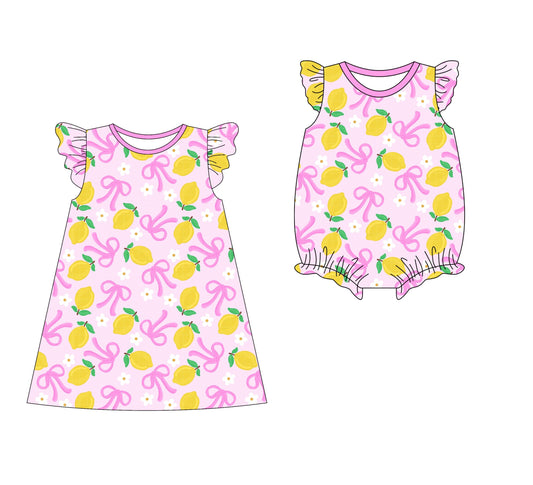 Baby Girl Short Sleeves Lemons Flower Bows Sibling Romper Dress ( Moq 5 Each Style ) 3.10