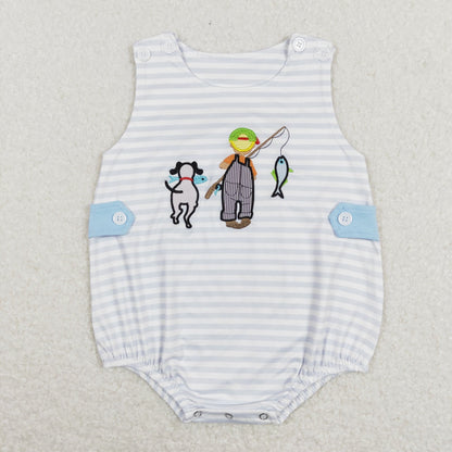 SR0643 Baby Girl Sleeveless Embroidery Fishing Stripes One Piece Romper