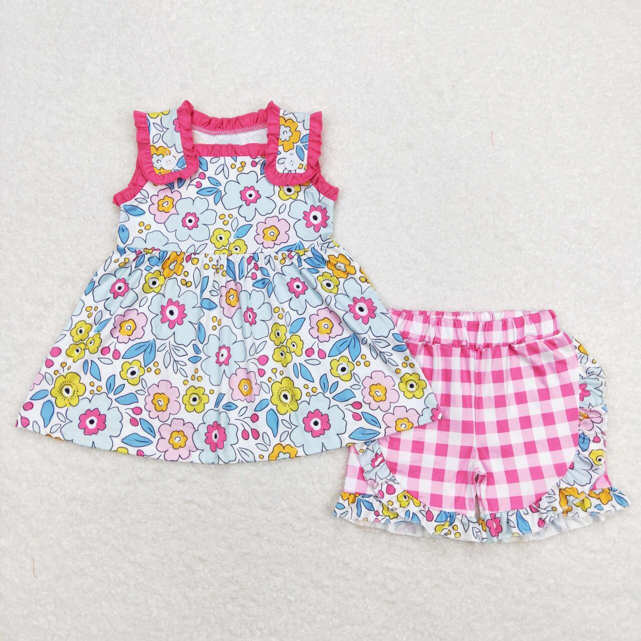Baby Girl Sleeveless Floral Tops Pink Plaid Shorts Summer Set