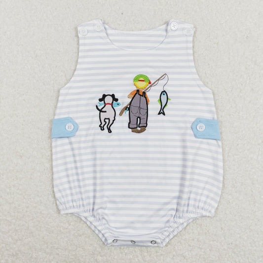 SR0644 Baby Boy Sleeveless Embroidery Fishing Stripes One Piece Romper