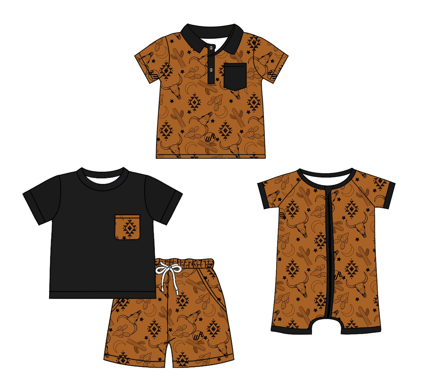 Baby Boy Short Sleeves Western Cow Cactus Sibling Romper Set ( Moq 5 Each Design ) 12.11