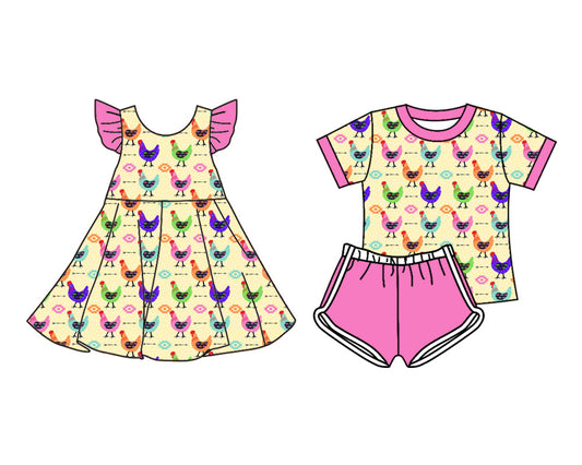 ( Moq 5 Each Style ) Baby Girl Short Sleeves Chicken Sibling Summer Dress Set 4.19