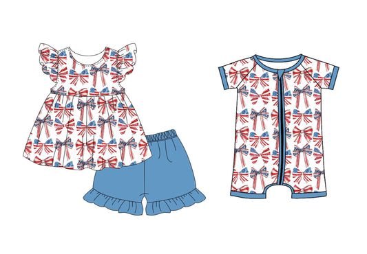 Baby Girl Short Sleeves Stars Stripes Bows July 4th Sibling Romper Set ( Moq 5 Each Style ) 2.27
