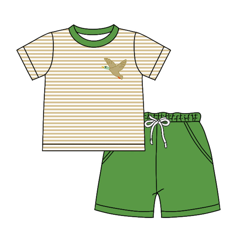 Baby Boy Short Sleeves Stripes Duck Shirt Green Pockets Shorts Hunting Clothes Set Moq 5
