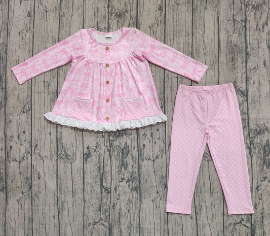 ( No moq ) Preorder Baby Girl Long Sleeves Pink Bows Pockets Tunic Dots Pants Set