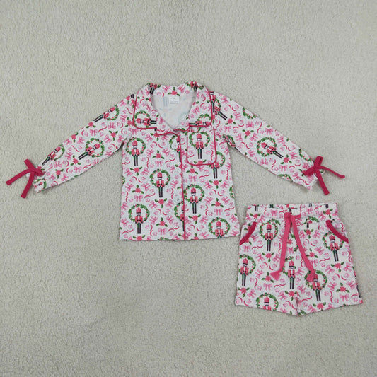 Baby Girls Kids Soldiers Bows Buttons Shirt Pockets Shorts Christmas Pajamas Set Clothes RTS