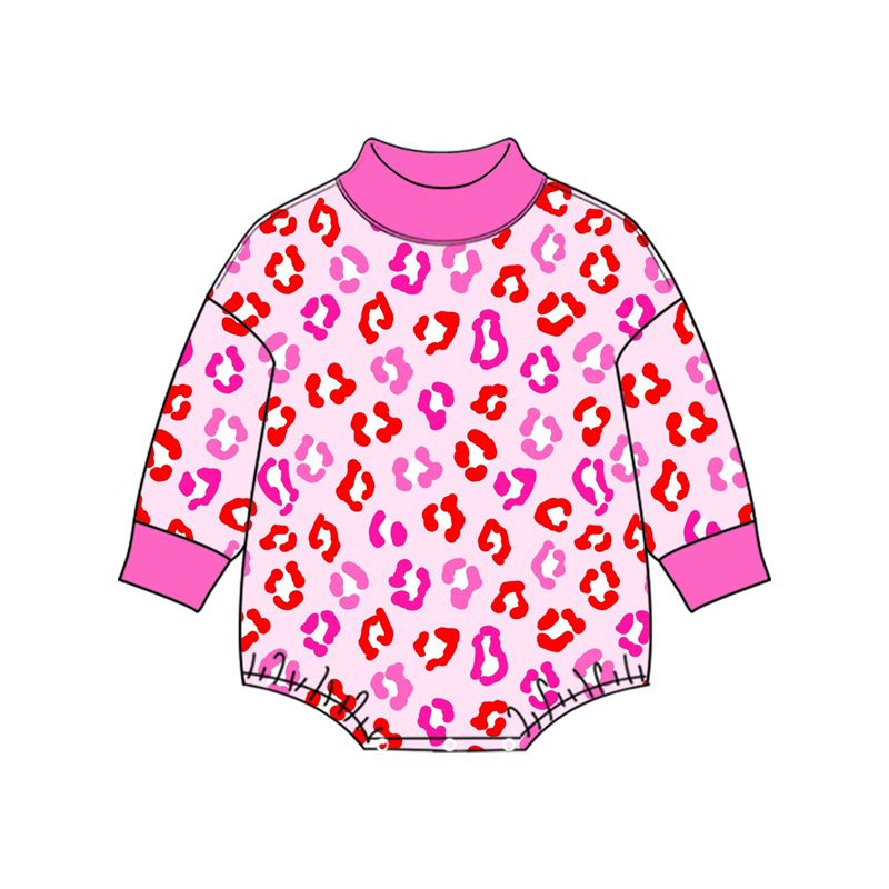 ( Moq 5 )  Preorder Baby Girls Infant Long Sleeves Leopard Bubble Romper Pink Mock Neck‌ Clothes