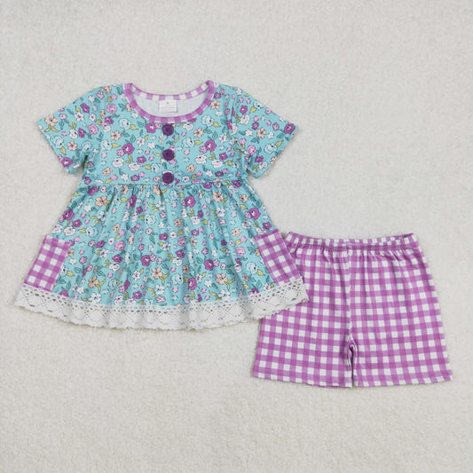 Baby Girl Short Sleeves Flower Tunic  Plaid Shorts Clothes Set RTS
