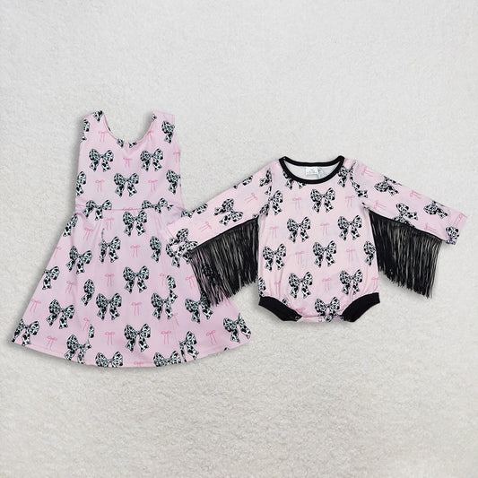 Sibling Baby Girls Kids Western Cow Bows Pink Romper Dress RTS