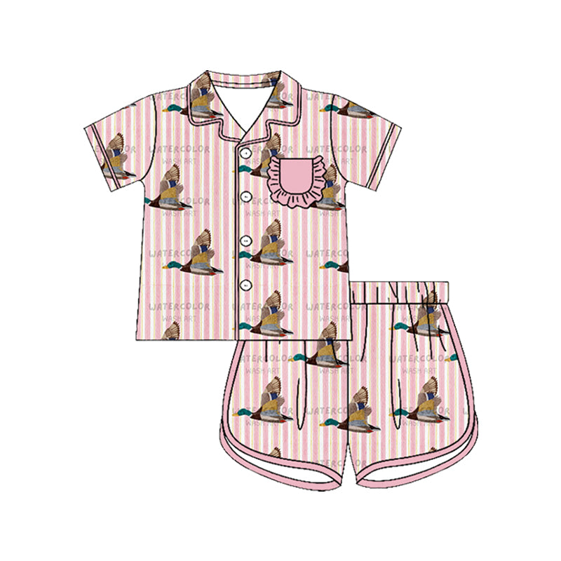 ( Moq 5 ) Preorder Baby Girls Kids Short Sleeves Ducks Stripes Buttons Shirt Shorts Set Pajamas Clothes