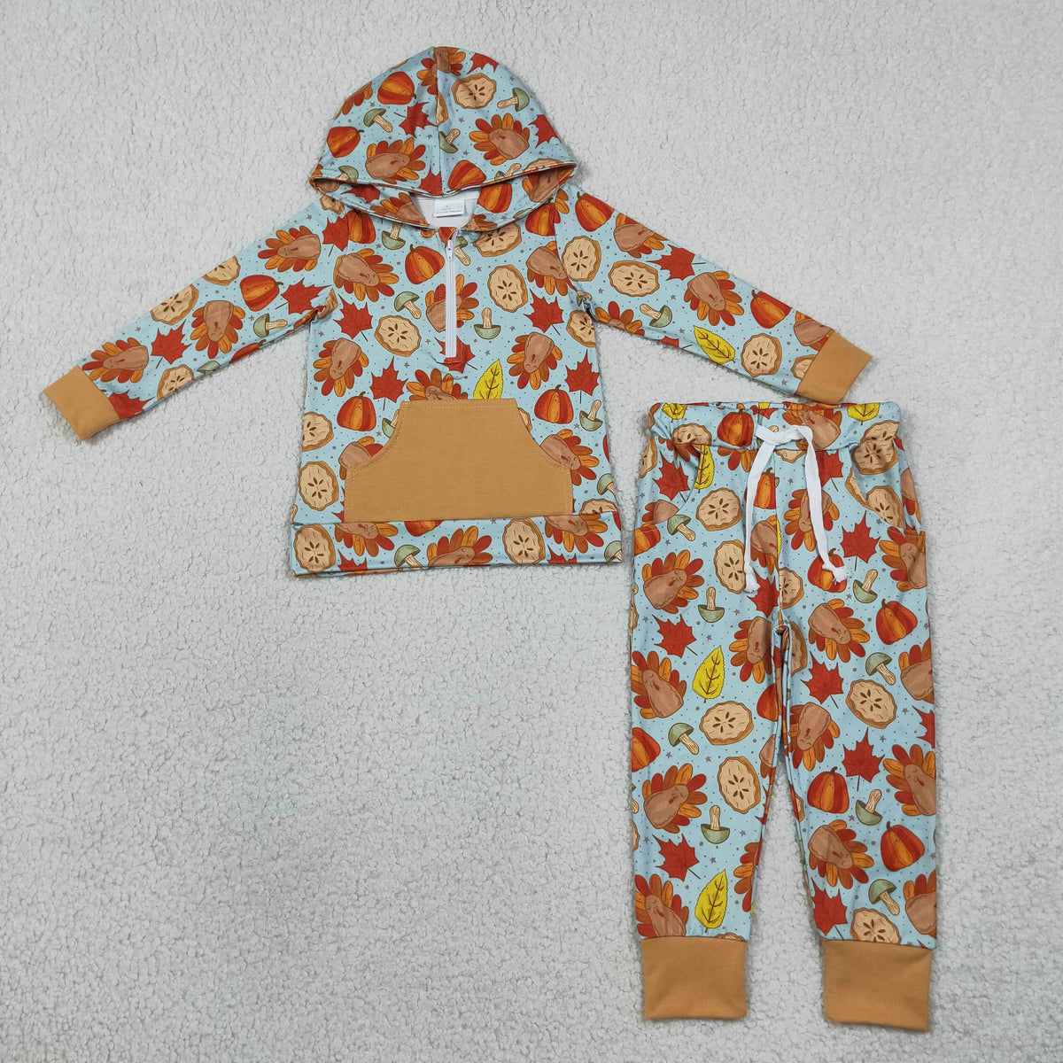 Baby Boys Kids turkey Pumpkins Hoodie Hoodie Zip Shirt Pockets Pants Thanksgiving Set RTS