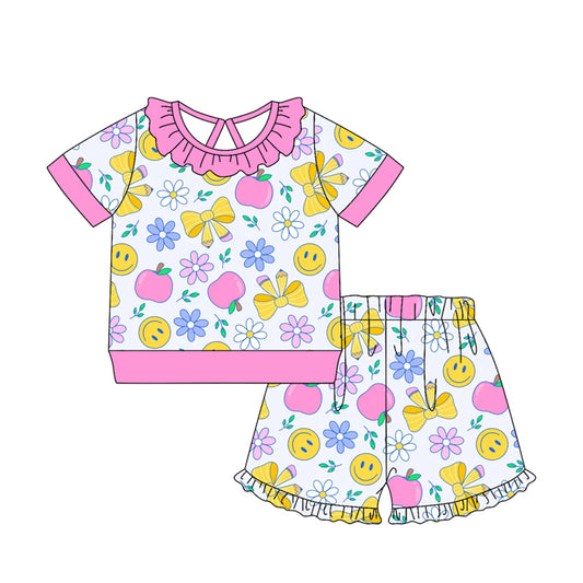 ( Moq 5 ) Preorder Baby Girls Kids Short Sleeves Bows Pencil Flower Shirt Shorts Set Back to School Clothes