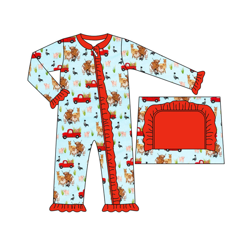 Baby Girl Infant Long Sleeves Farm Animals Trucks Zipper Romper