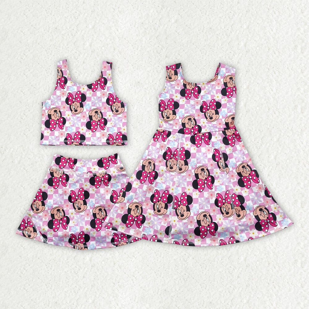 Baby Girl Sleeveless Mouse Flower Checked Skorts Sibling Yoga Active Set Dress RTS