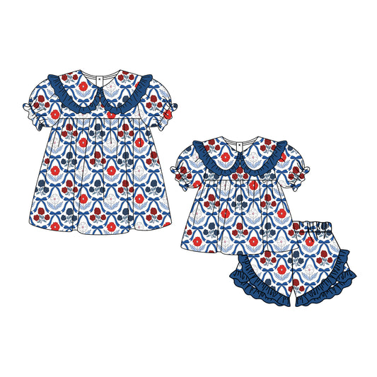 ( Moq 5 Each Style ) Baby Girls Kids Short Sleeves Blue Bows Flower Sibling Dress Set