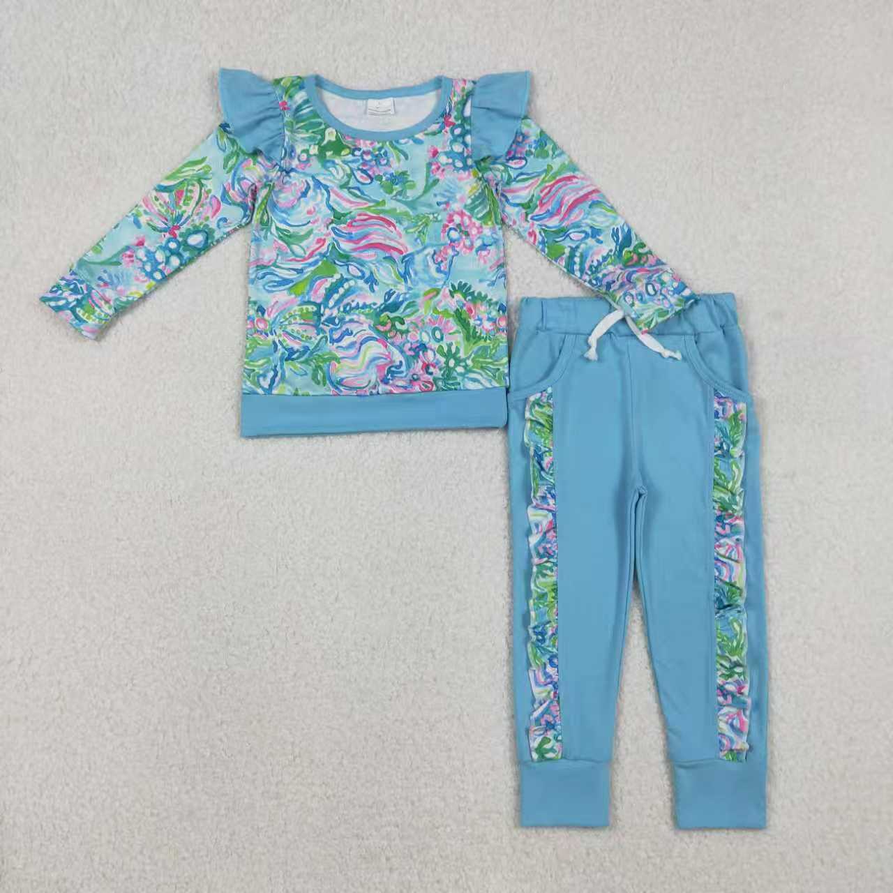 Sibling Baby Girls Kids Long Sleeves Flowers Shirt Pockets Ruffle Pants Clothes Sets RTS