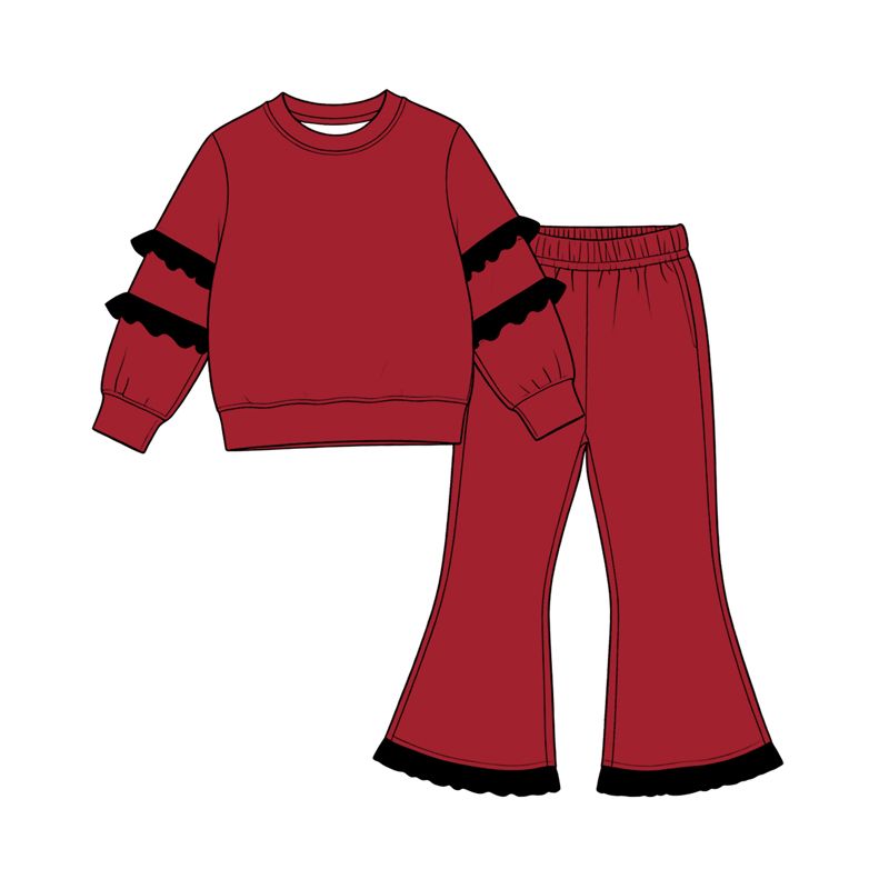 ( Moq 5 ) Preorder Baby Girls Kids Long Sleeves Tops Bell Pants Dark Red Set Cotton Clothes