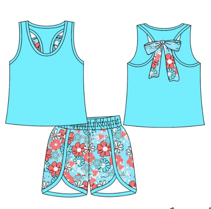 ( Moq 5 Each Style ) Baby Girl Summer Flower Blue Sibling Romper Set 4.24