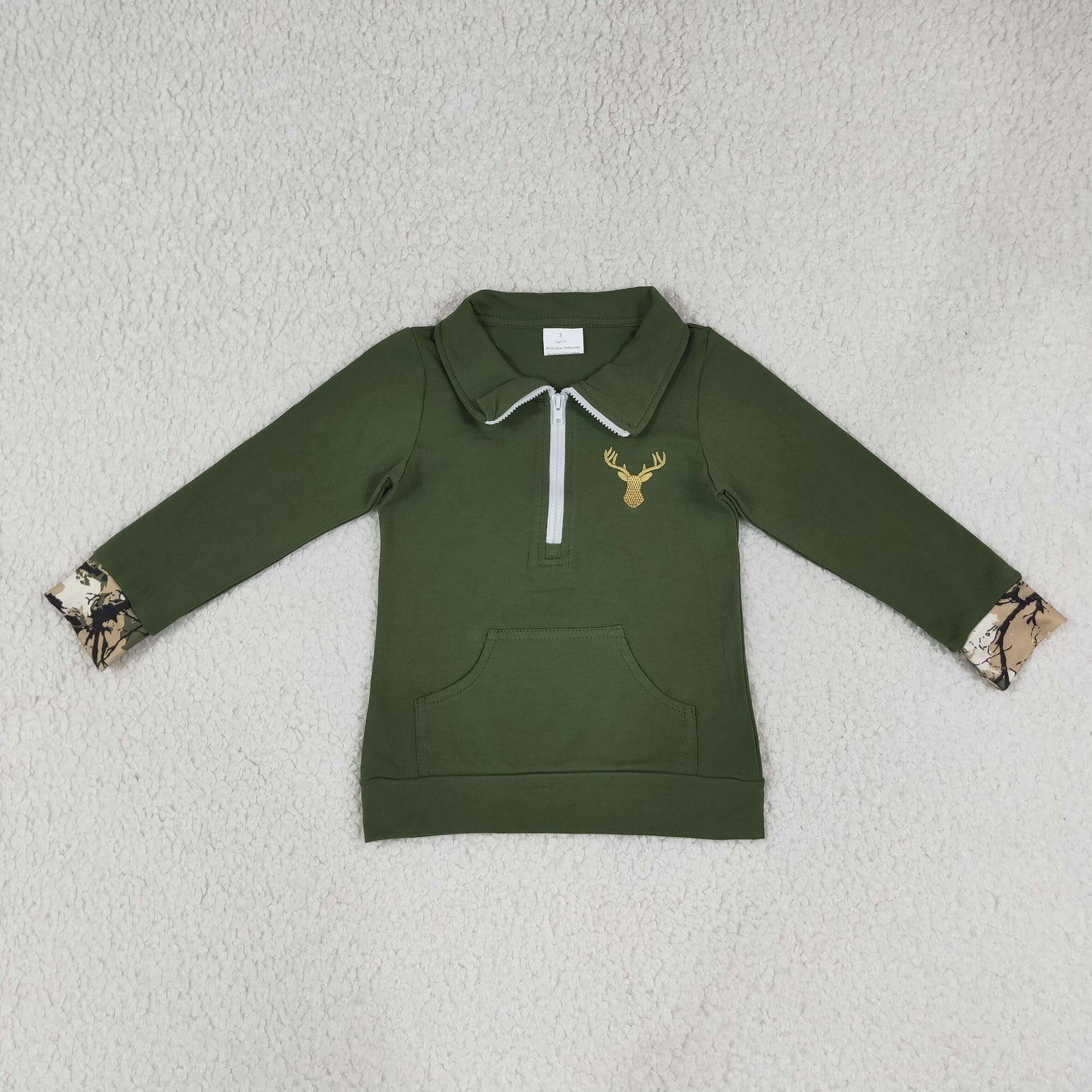 Baby Kids Long Sleeves Embroidery Deer Zipper Pocket Green Shirt Hunting Pullover RTS