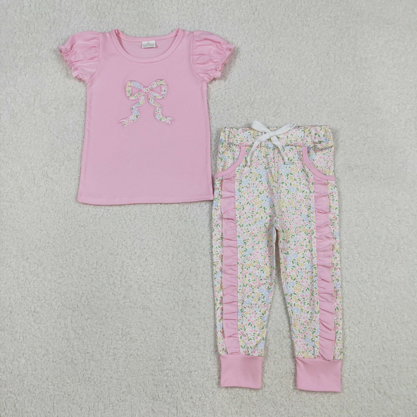 Baby Girls Kids Short Sleeves Embroidery Bow Pink Shirt Floral Ruffle Pants Set RTS