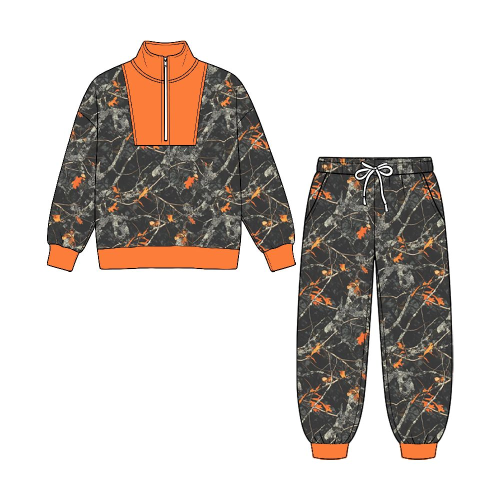 ( No moq ) Preorder Baby Boys Kids Long Sleeves Zipper Shirt Pockets Pants Set Leaves Clothes