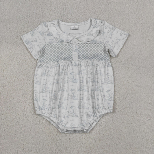 Baby Girls Infant Short Sleeves Goats Plaid Buttons Bubble Romper RTS