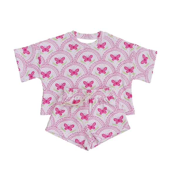 ( Moq 5 ) Preorder Baby Girl Kids Short Sleeves Butterfly Pink Shirt Shorts Set Summer Clothes