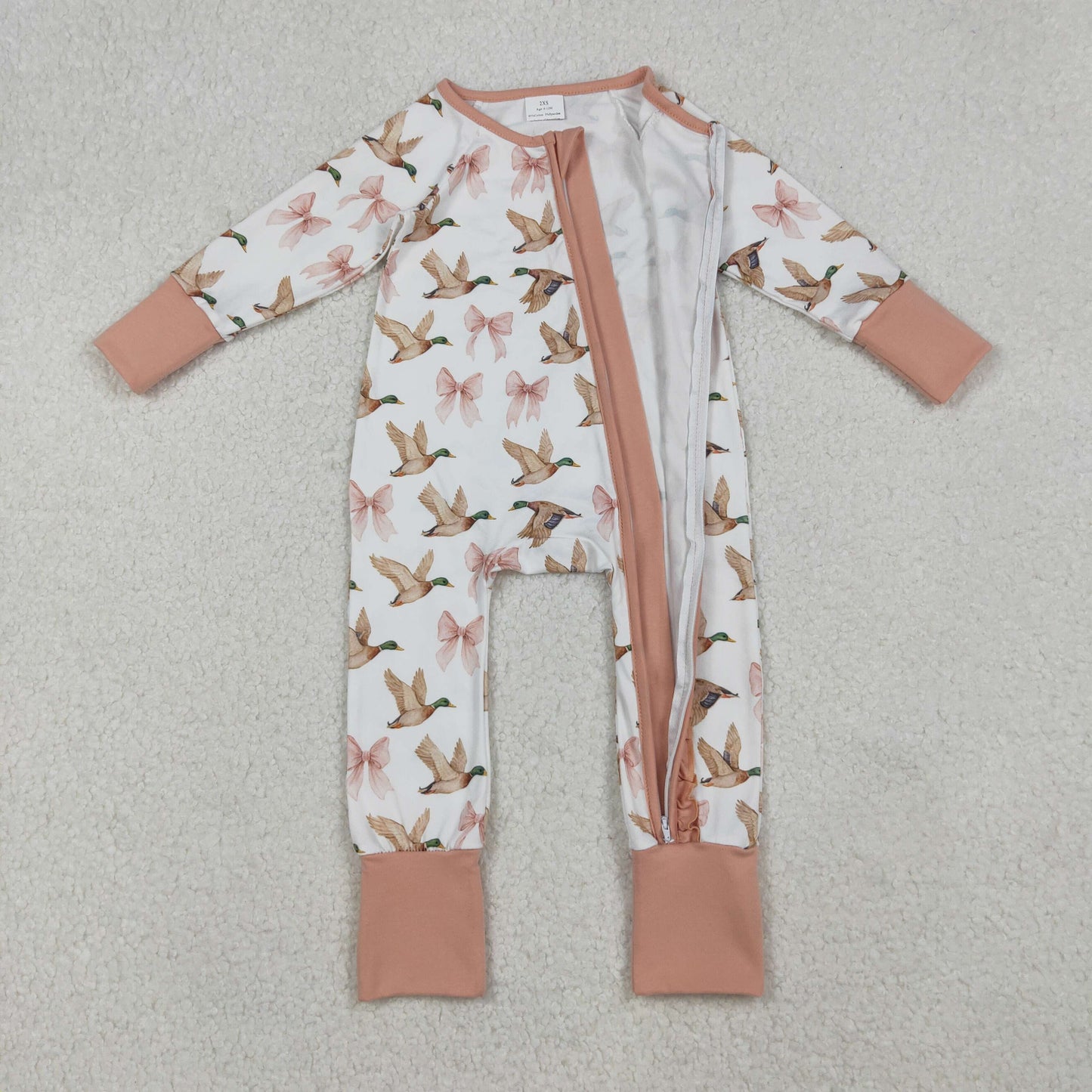 Baby Girl Long Sleeves Ducks Pink Bows Zipper Pajamas Romper RTS