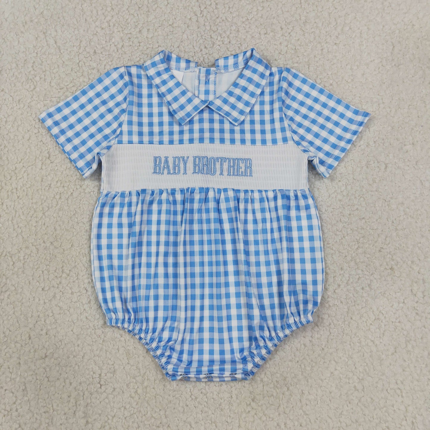 Baby Boys Infant Embroidery Baby Brother Blue Plaid Smocked Bubble Romper RTS