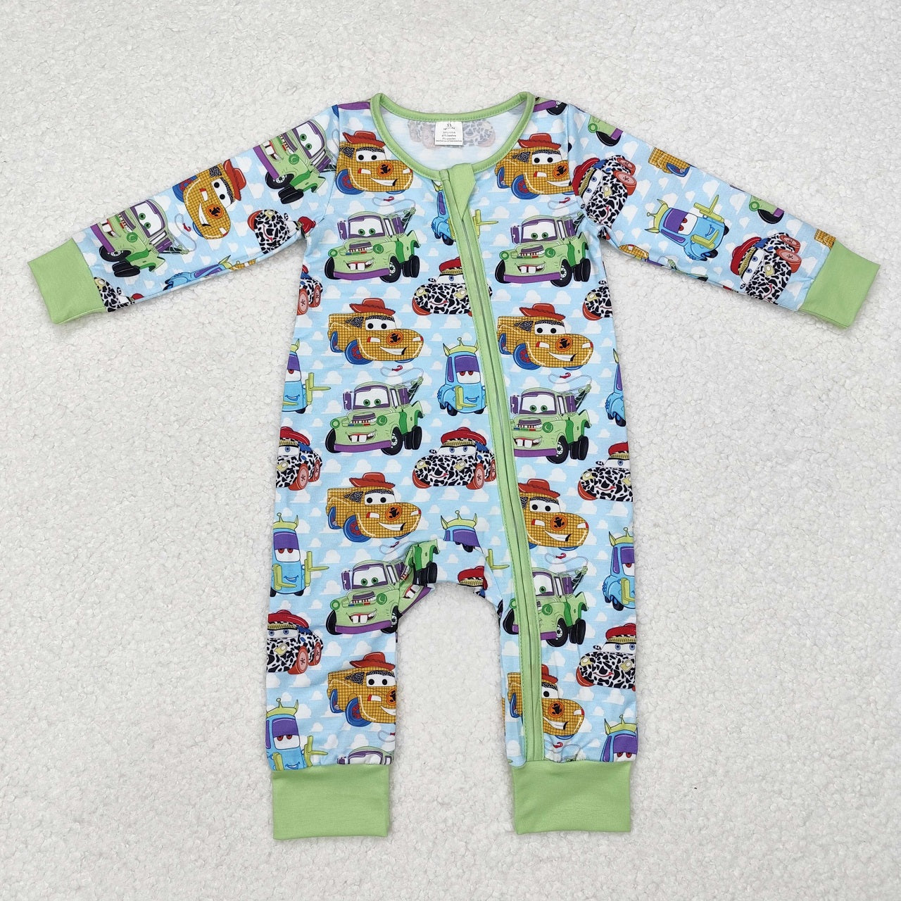 Baby Boy Long Sleeves Green Cars Ruffle Zipper Bamboo Romper